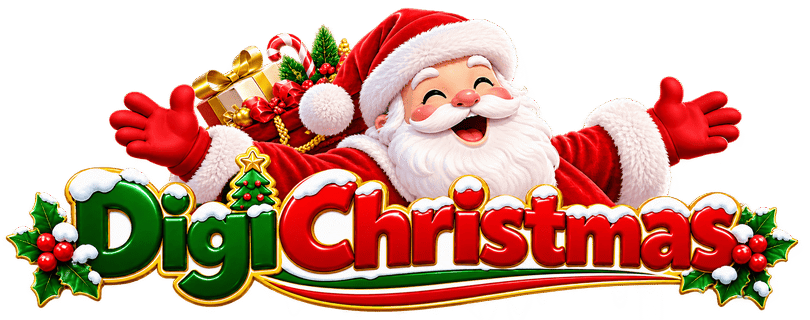 DigiChristmas Christmas logo with Santa Claus and festive decorations
